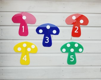 Acrylic number mushrooms, chalkboard rainbow, learning resources, outdoor sign, preschool, number board