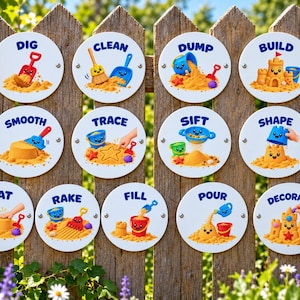 May include: A set of eleven circular white signs featuring colourful cartoon illustrations of sand play activities. Each sign displays a blue action word including Dig, Clean, Dump, Build, Smooth, Trace, Sift, Shape, Pat, Rake, Fill, Pour, and Decorate.