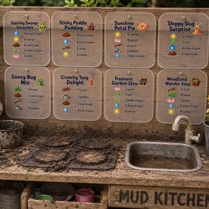 May include: A wooden mud kitchen featuring eight clear acrylic recipe signs mounted on a backboard. Each sign lists ingredients like water, mud, sticks, and petals with corresponding icons for recipes such as Squishy Swamp Smoothie and Sloppy Slug Surprise. The station includes a metal sink, a tap, and a stovetop area with circular burners.