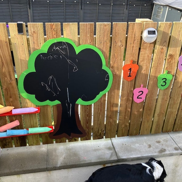 Large, woodland tree shaped outdoor chalkboards, garden toys, preschool, early years learning, acorn mirrors, number line