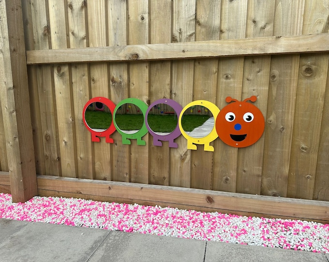 Extra Large caterpillar mirror, rainbow, learning resources, outdoor sign, preschool, 4 x mirrors + 1 x head piece, sensory mirrors,