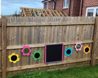 2 x Flower mirrors and 2 x flower chalkboards, ideal for children centres nursery schools handmade shatterproof acrylic mirror, sensory