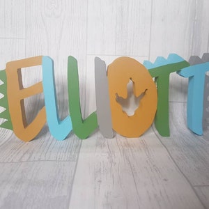 dinosaur name, personalised  wooden sign, dino letters, freestanding bedroom decor, boys room accessories, new baby, nursery ornaments