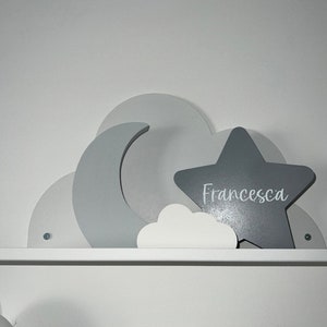 Freestanding personalised star, bedroom, moon and cloud decor, space, shapes, ornaments, new baby gift