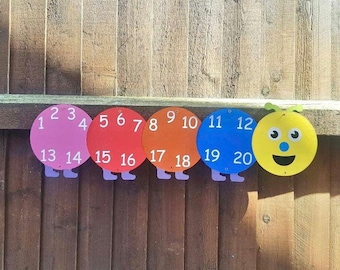 Large number caterpillar, alphabet, rainbow, learning resources, outdoor sign, preschool, number board