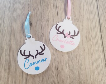 Personalised reindeer Christmas tree decorations, tree ornaments 10cm acrylic bauble,