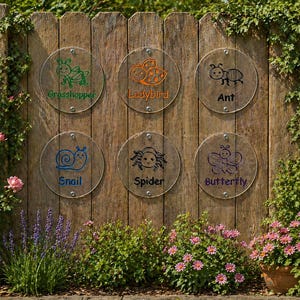 May include: Six clear, circular garden signs featuring insect illustrations and names: Grasshopper, Ladybird, Ant, Snail, Spider, and Butterfly. The signs are fixed to a wooden fence, surrounded by plants and flowers, ideal for garden decoration.