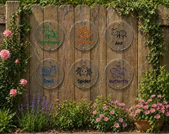 Set of 8 acrylic bug discs, sensory wall, bug finder game, shatterproof, letter recognition, early years, colour board, outdoor