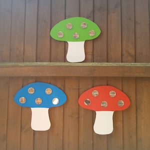 Toadstool, mushroom ideal for children centres nursery schools handmade shatterproof acrylic mirror, sensory packs, sets of 3, 5, 10, 20