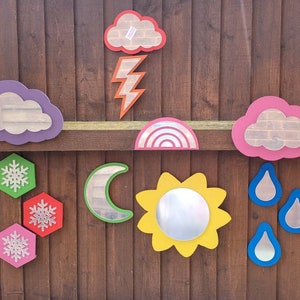 Set of weather sensory mirrors, shapes, sun, cloud, snowflake, thunder, rain drop sensory mirror, shatterproof, acrylic mirror, play area