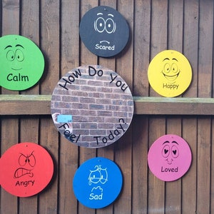 May include: Seven colourful round signs with different facial expressions and the words "How Do You Feel Today?" on a brick background. The signs are labelled "Calm", "Scared", "Happy", "Angry", "Loved", "Sad" and "How Do You Feel Today?"