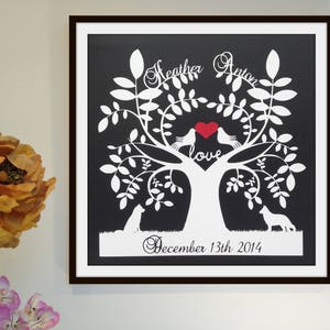 May include: Black and white paper cut art of a tree with two birds and a heart. The names Heather and Anton are written above the tree. The date December 13th 2014 is written below the tree.