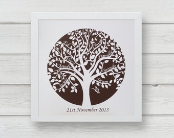 Personalised family tree papercut with white border