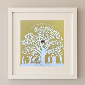 Può includere: Una stampa artistica incorniciata per un anniversario di matrimonio d'oro. Il design dell'albero bianco presenta nomi e due uccelli. Il testo "Golden Wedding Anniversary" e "30th August 1975" sono inclusi. La cornice è bianca.