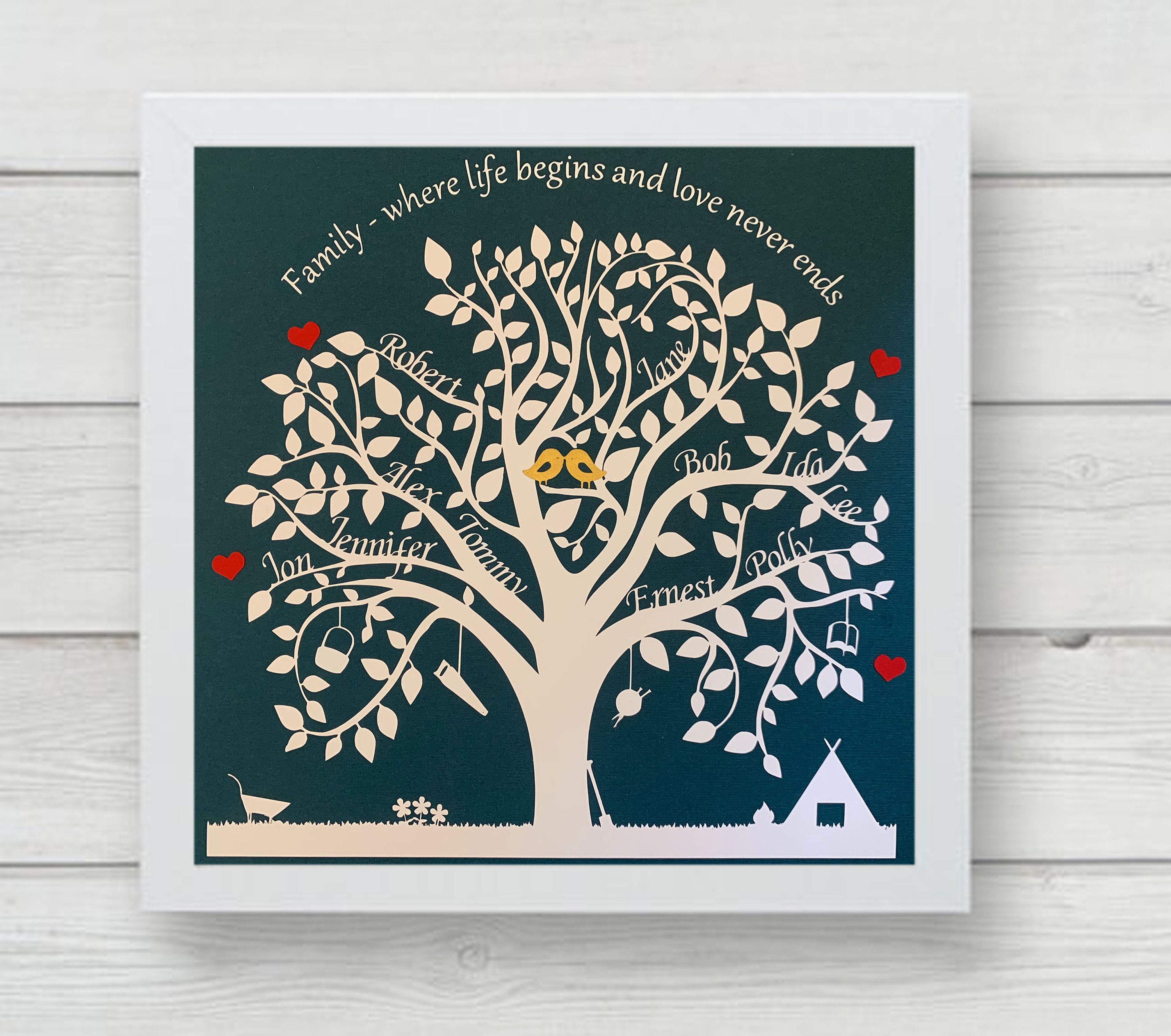 Family is Everything Family tree papercut with red hearts