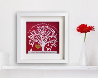 Personalised family tree papercut gift with gold heart