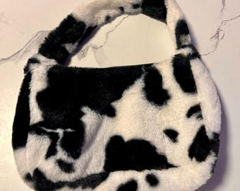 Retro Y2K Cow Print Zebra Print Faux Fur Shoulder Bag | Fuzzy Tote