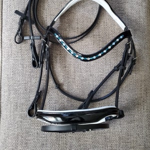 Black Rolled Leather Bridle with White Padding & Black Patent Leather - Horse