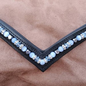 Warmblood/Large Horse 17&quot; Size V-shape Dressage Brow Band Black Padded Leather - Baby Blue