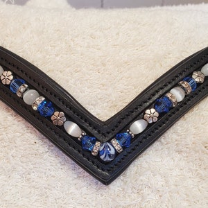 Horse 16&quot; V-shape Black Padded Leather Brow Band - Blue/White