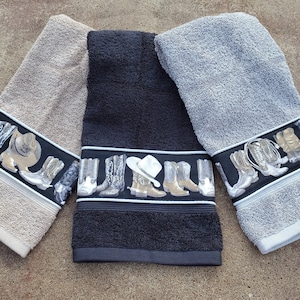 Bathroom Towels with Western Boot Trim - Bath Set or Hand Towel - Choice of color