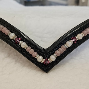 Horse 16&quot; V-shape Black Padded Leather Brow Band - Pink