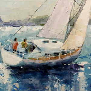 Yacht, boat and white sails - oil painting Ewa Krzy.