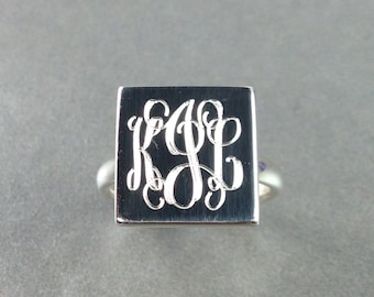 Monogrammed Sterling Silver Square Ring, Personalized Modern Classic Ring