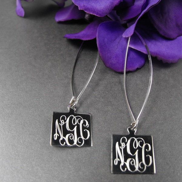 Sterling Silver Square Monogram Earrings Modern Chic Wire Long Personalized