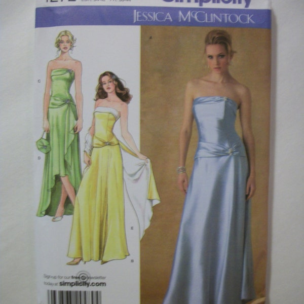Simplicity 4272 Misses/Misses Petite  (Size K5 8,10,12,14,16) and (Size U5 16,18,20,22,24) evening dress with hem variations, wrap and purse