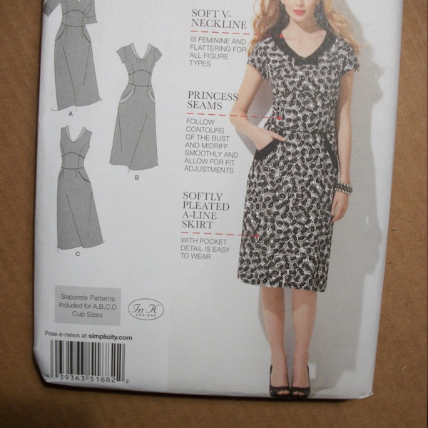 Simplicity 1882 Misses dress size 6-8-10-12-14 & 16-18-20-22-24 .Slim, Average, Curvy Fit. Separate patterns for cup sizes.  New, FF, Uncut