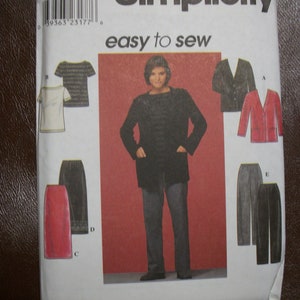 May include: A Simplicity sewing pattern, featuring a woman in a black outfit. The pattern includes options for tops, jackets, and skirts. The text "easy to sew" is prominently displayed, along with the pattern number 8800 and size options.