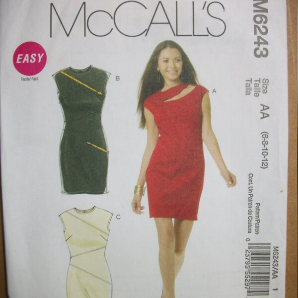 McCall M6243 Misses size 6-8-10-12 dresses.  Above mid-knee straight w/diagonal seams in front with cap sleeves.  EASY! FF, uncut.