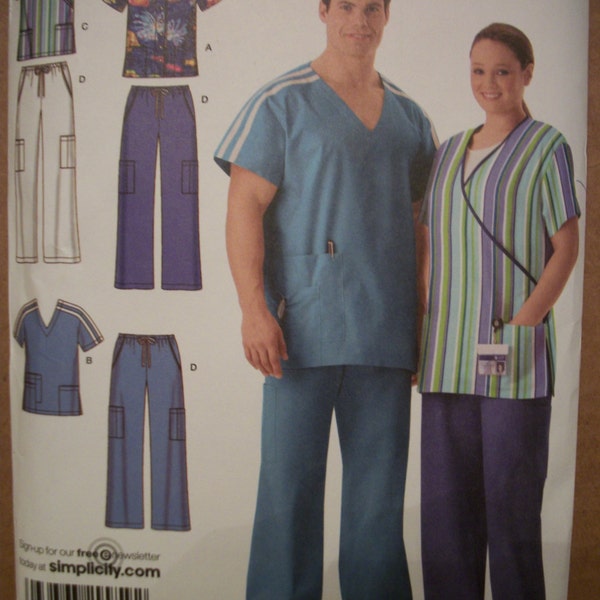 Simplicity 4101 womens and men's(Size AA s-m-l) and (Size BB xl, xxl, xxxl) scrubs. Easy-to-sew.  Factory folded, uncut.