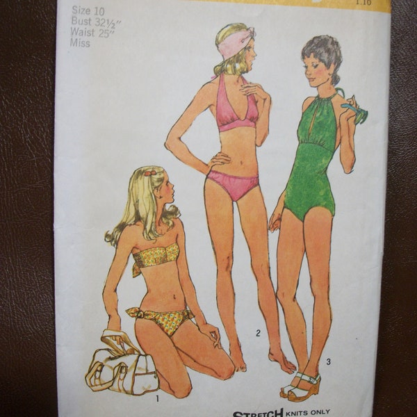 Simplicity 5694 Misses size 10 set of bathing suits.  One piece and bikini. One piece sized for stretch knits only.  Factory folded, uncut.