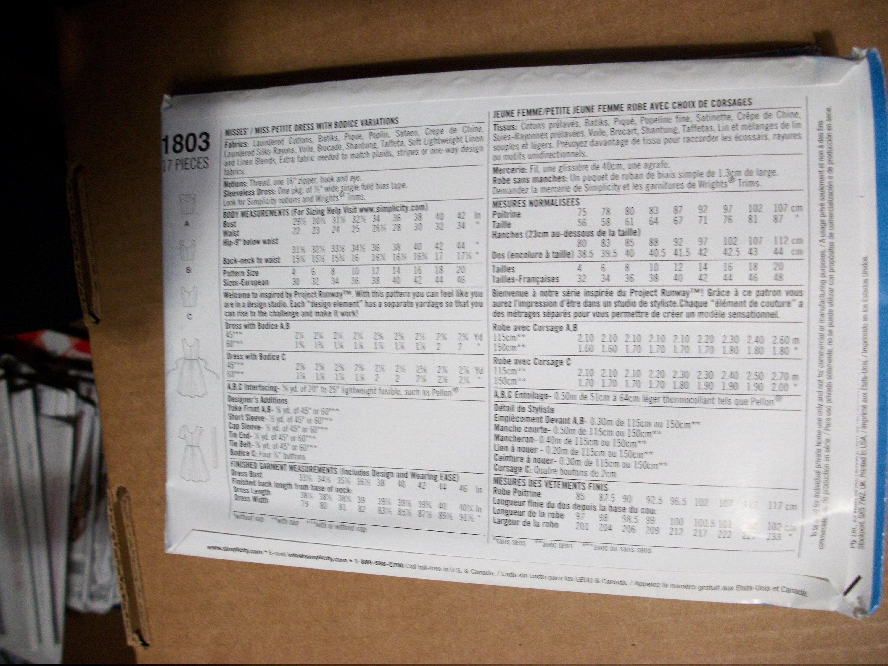 Simplicity 1803 Miss/miss Petite Sizes D5 (4-6-8-10-12) and