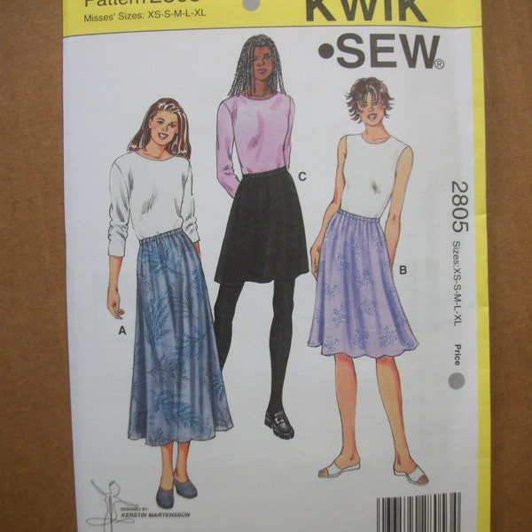 Kwik Sew 2805 Misses size XS-S-M-L-XL pull on, flared skirts in 3 lengths. KWIK Start Learn-To-Sew. Factory sealed, new pattern.