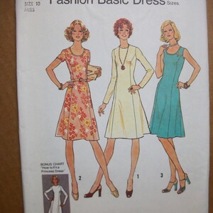 May include: A sewing pattern for a basic dress with three different styles. The pattern is for sizes 10-18 and includes instructions for a princess dress.