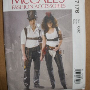 May include: McCall's Fashion Accessories pattern M7176. The pattern features steampunk-style clothing, including leather pants, harnesses, and hats. The cover shows a man and a woman in the finished outfits, with the pattern details and size information visible.