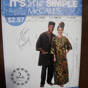 May include: Sewing pattern package for a long-sleeved dress and a long-sleeved shirt. The pattern is called "It's Sew Simple" by McCall's. The pattern is for sizes SM-LG and is made with love in the USA. The pattern is $2.97 and is made for cotton only. The pattern is style L9533 and bin #134.