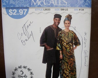 McCall L9533 Misses/Men Size S-M-L African American tunic, caftan, pants, hat and headwrap.  Easy!  IT'S Sew SIMPLE. Factory Folded, uncut