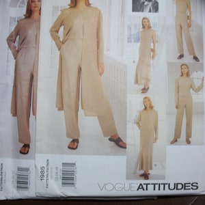 May include: Vogue Attitudes sewing pattern featuring a woman in a beige pantsuit and long coat. Additional images show variations of the outfit. The pattern number is 1985, with sizes 12-14-16 and 18-20-22.
