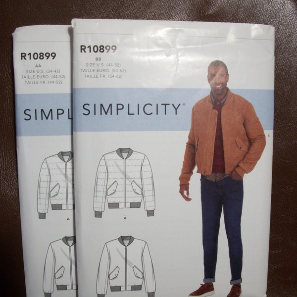 Simplicity R10899 Men's (Size AA (34-36-38-40-42 & Size BB 44-46-48-50-52) Jacket.  Knit cuffs, bottom and collar. NEW Pattern.
