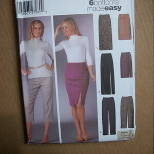 May include: Simplicity sewing pattern for six bottoms. The package features images of women wearing various skirts and pants. The pattern includes sizes 8, 10, 12, and 14. The text "6 bottoms made easy" is displayed on the package.