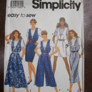 May include: Simplicity pattern 7577 for easy to sew jumpsuits. The pattern includes four different styles of jumpsuits, all with a sleeveless bodice and a variety of skirt and pant lengths. The jumpsuits are shown in blue and white floral prints, blue and white checkered prints, and solid blue.