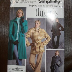 May include: Simplicity sewing pattern featuring coat designs. The pattern includes sizes H5: 6, 8, 10, 12, 14 and R5: 14, 16, 18, 20, 22. The package displays images of the finished coats in various colors and styles, with the "threads" magazine logo.