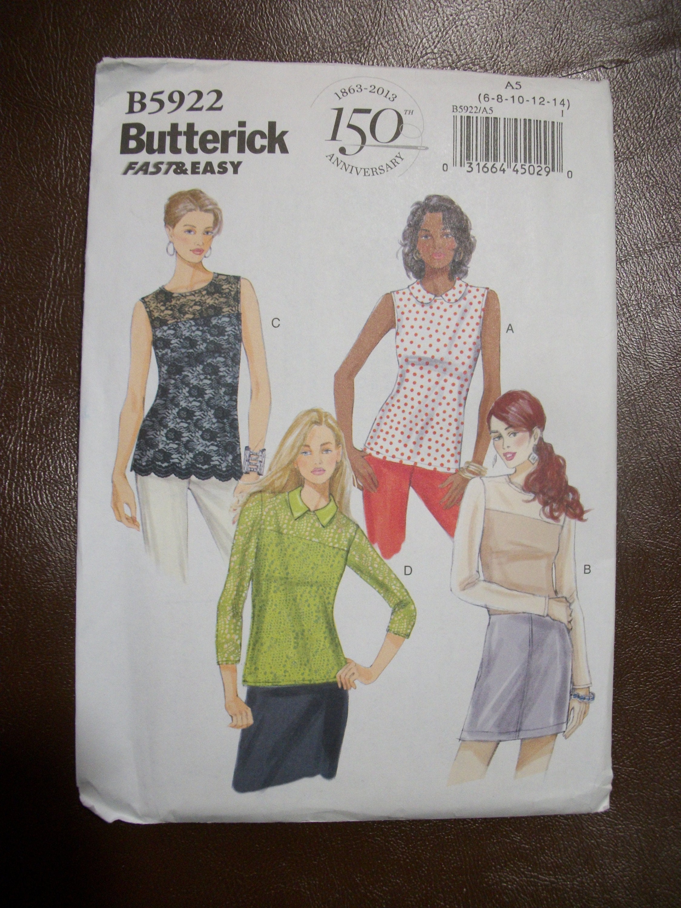 トップス c... Butterick B5922 Miss Size A5 (6-8-10-12-14) VERY EASY Pullover