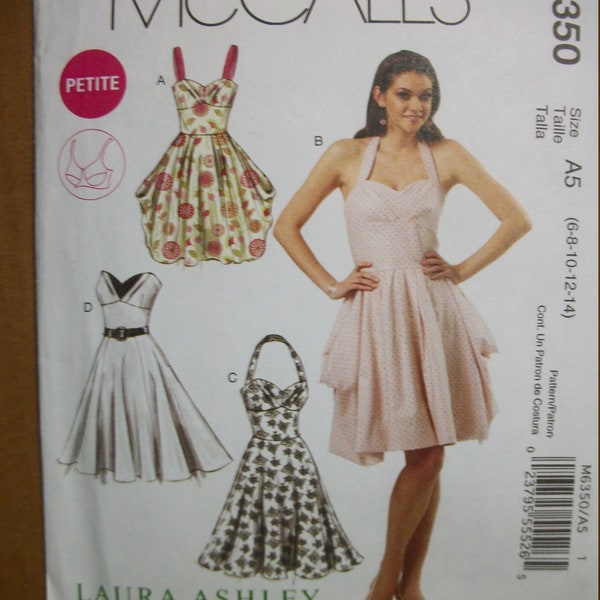 McCall M6350 Miss/Miss Petite size 6-8-10-12-14 lined dress in 2 lengths.  Laura Ashley. Factory folded, uncut.