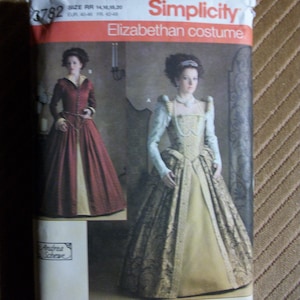 May include: Simplicity sewing pattern for an Elizabethan costume. The pattern features two images of women in period gowns. The pattern includes sizes 14, 16, 18, and 20. The pattern is labeled "Elizabethan costume".