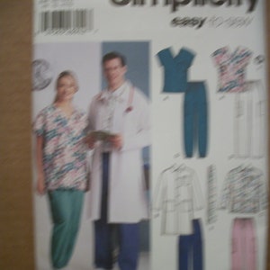Simplicity 5443 Women&#39;s and Men&#39;s scrub top, jacket in 2 lengths, pants,tie,headband (Size Sm-Med-Lrg) & (Size xl, xxl,xxxl). New, FF, uncut